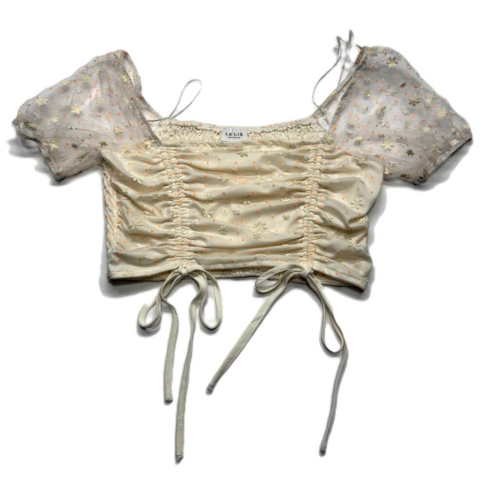 Le Lis Daisy butter yellow floral sheer puff sleeve corset top Size Medium
